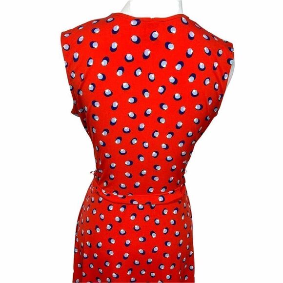 Leota Red Faux Wrap Jersey Dress w/ Blue Polka Dots Size Medium (J6) - Picture 6 of 9